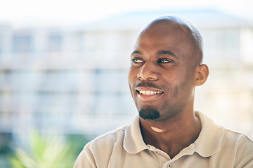 Image showing Smile, thinking and businessman in office with confidence, brainstorming and positive attitude. Young, dreaming and face headshot of professional African male designer standing in a modern workplace.