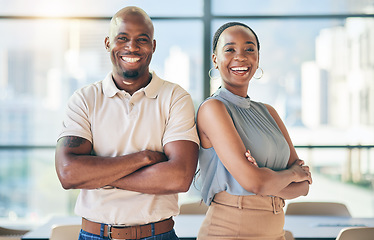 Image showing Smile, crossed arms and portrait of business people in the office with confidence and happiness. Young, pride and face of team of professional African creative designers standing in modern workplace.