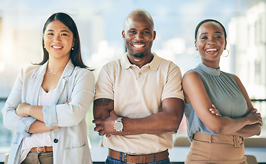 Image showing Happy, crossed arms and portrait of a business people in the office with confidence and happiness. Young, corporate and face headshot of group of professional designers standing in a modern workplace