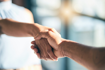 Image showing Handshake, introduction and hands of people meeting for partnership or agreement together as a team with trust. Greeting, accept and thank you or welcome gesture for deal, collaboration and support