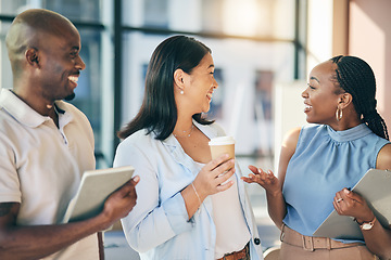 Image showing Team, meeting and friends, diversity and happy people in the workplace, casual conversation and laughing together. Business, corporate group with trust and share ideas, professional and funny talk