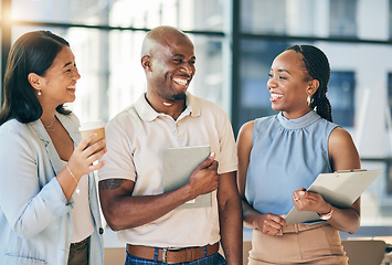 Image showing Team building, meeting and friends, diversity and happy people in the workplace, casual conversation and laughing together. Business, corporate group and share ideas, professional and funny talk