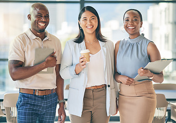 Image showing Smile, happy and portrait of business people in the office with confidence and collaboration. Young, career and face headshot of professional team of creative employees standing in a modern workplace