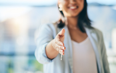 Image showing Closeup, corporate and woman with handshake, agreement and contract with collaboration, b2b meeting and welcome. Hello, person or professional shaking hands for cooperation, onboarding or negotiation