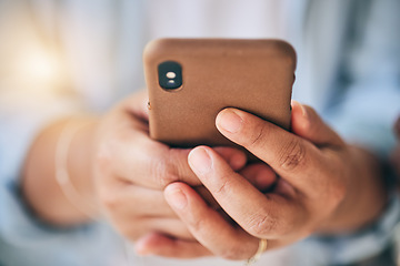 Image showing Hands, closeup and smartphone, typing and chat with communication and network, social media and contact. Person using phone, text message or email with internet search, connectivity and mobile app