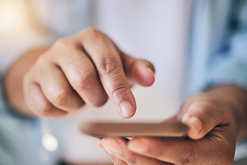 Image showing Phone, finger and hands typing online for social media, browse internet and scrolling website. Technology, networking and closeup of person on smartphone for connection, chatting and mobile app