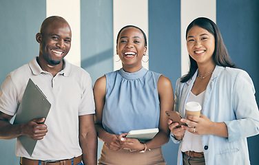 Image showing Smile, laughing and portrait of a business people in the office with confidence and happiness. Young, career and face headshot of a team of professional lawyers standing in a modern legal workplace.
