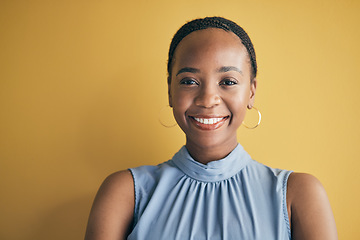 Image showing Face, happy and black woman, designer and entrepreneur in studio isolated on a yellow background mockup space. Portrait, smile and creative African professional, worker or startup employee in Kenya