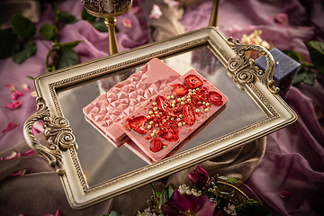 Image showing Homemade chocolate bars with lyophilized strawberry