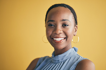 Image showing Portrait, business and black woman with a smile, career and entrepreneur on a yellow studio background. Face, happy person and employee with a startup, professional and empowerment with mockup space