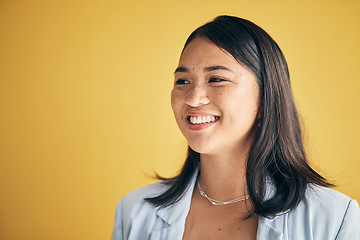 Image showing Thinking, smile and Asian woman in creative business studio isolated on a yellow background mockup space. Vision, happy and designer, entrepreneur and employee worker planning startup idea in office