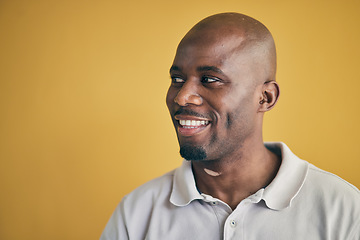 Image showing Thinking, happy and black man in creative business studio isolated on a yellow background mockup space. Vision, smile and African designer, entrepreneur and employee worker planning startup idea.