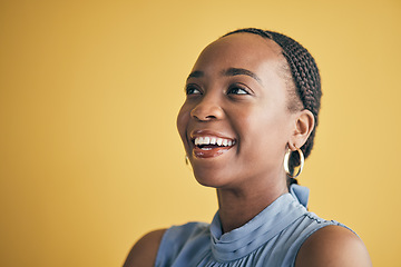 Image showing Thinking, smile and black woman in creative business studio isolated on a yellow background mockup space. Vision, happy and African designer, entrepreneur and employee worker planning startup idea.