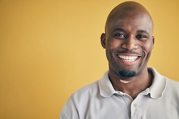 Image showing Face, smile and black man, designer and entrepreneur in studio isolated on a yellow background mockup space. Portrait, happy and creative African professional, worker and employee in startup company