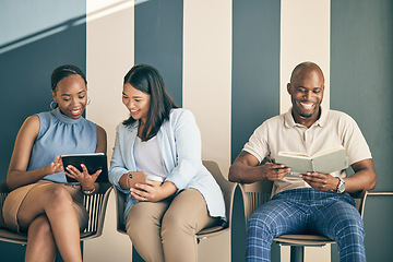 Image showing Business people, waiting room and tablet for job search, communication and collaboration or teamwork in marketing. Happy professional man and woman on digital tech, notebook and recruitment planning