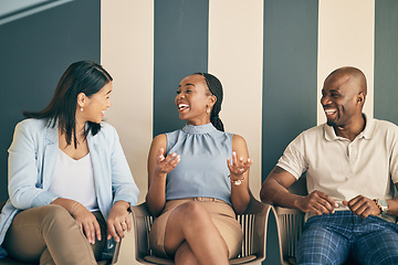 Image showing Recruitment, happy and business people with conversation, ideas and waiting for job interviews. Group, staff and coworkers in a queue, communication and talking with a smile, hiring and diversity