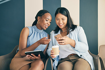 Image showing Phone, tablet and business women online in office for social media post, internet and website. Work friends, happy and workers on smartphone reading news, blog and laugh at meme on coffee break