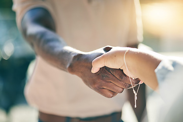 Image showing Handshake, collaboration and business meeting, partnership and introduction, hello or welcome closeup. Trust, people in team and recruitment, agreement and onboarding, thank you and shaking hands