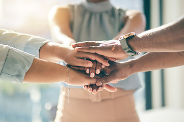 Image showing Hands, stack and business people, mission and collaboration with support, target goals and closeup. Meeting, team building and agreement, synergy and planning, community and partnership in workplace