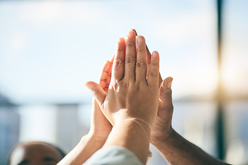 Image showing High five, hands together and business people, success and collaboration with support, target goals and closeup. Meeting, team building and achievement, achievement and agreement, synergy and mission