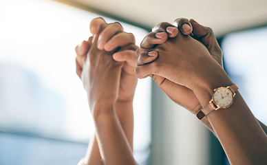 Image showing Hands, target and motivation with a business team in their office for success, unity or solidarity. Support, teamwork or collaboration with an employee group at work for partnership or celebration