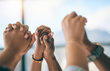 Image showing Hands, support and motivation with a business team in their office for success, unity or solidarity. Target, teamwork or collaboration with an employee group at work for partnership or celebration