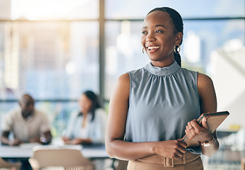 Image showing Black woman in office with tablet, smile and mockup, leadership in business meeting with professional. Workshop, project management and happy businesswoman with digital device, space and confidence.