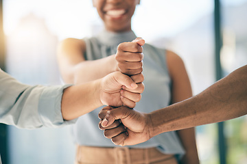 Image showing Fist bump stack, support or business people for motivation, teamwork or mission in collaboration. Partnership, hands closeup or employees meeting in huddle with goal, vision or solidarity together