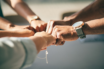 Image showing Hands, fist bump and business people, mission and collaboration with support, target goals and closeup. Meeting, team building and agreement, synergy and plan together with community and partnership