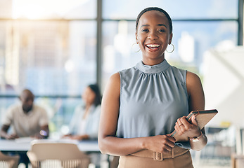 Image showing Portrait of black woman in office with tablet, smile and leadership in business meeting in professional space. Workshop, management and happy businesswoman with digital device, mockup and confidence.