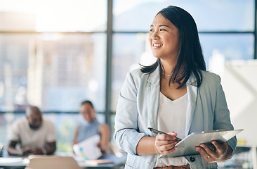 Image showing Asian woman in office with clipboard, smile and leadership with business meeting schedule in professional space. Workshop, management and happy businesswoman with checklist, mockup and confidence.