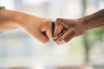 Image showing Fist bump, closeup and partnership, team and support with success, target goals and people working together. Cooperation, community and collaboration, hands and emoji with trust and business growth