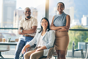 Image showing Team in portrait, meeting and diversity with happy people in the workplace together, mission and community. Business, corporate group and professional office, trust and support, smile and coworking