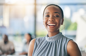 Image showing Portrait of black woman in office with mockup, smile and leadership in business meeting with professional. Workshop, project management and happy face of businesswoman, mentorship and confidence.