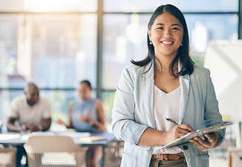 Image showing Portrait of Asian woman in office with tablet, smile and leadership in business meeting in professional space. Workshop, management and happy businesswoman with digital device, mockup and confidence.