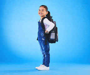 Image showing School, backpack and portrait of child on blue background ready for class, learning and education. Student, happy and young girl with bag excited for lesson, academy and kindergarten in studio