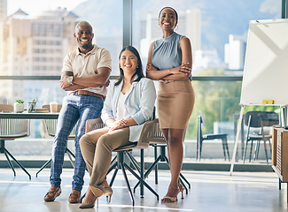 Image showing Team in portrait, diversity and business people in the workplace, mission and community with arms crossed. Confidence, corporate group and professional office, trust and support, smile and coworking