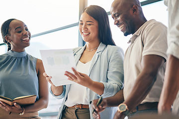 Image showing Meeting, business people with happy woman mentor and paperwork for training, motivation and collaboration. Team boss, men and women in office with documents, feedback and brainstorming at workshop.