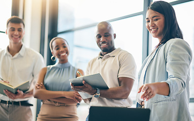 Image showing Meeting, business people with woman in leadership and notes for training, motivation and collaboration. Teamwork, men and women in office with notebook, feedback presentation and workshop with mentor