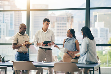 Image showing Diversity, meeting and business people planning together for teamwork, project or company collaboration. Agenda, office and corporate employees speaking about brainstorming, ideas or our vision