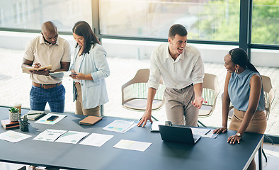 Image showing Meeting, men and women with laptop, paperwork and workshop for motivation, discussion and collaboration. Teamwork, business people in office together with computer, b2b documents and brainstorming.