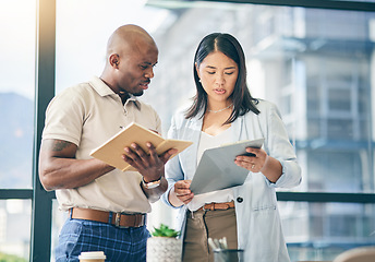 Image showing Teamwork, tablet and consulting with business people in office for meeting, planning and professional. Collaboration, project management and solution with employees in agency for strategy and advice