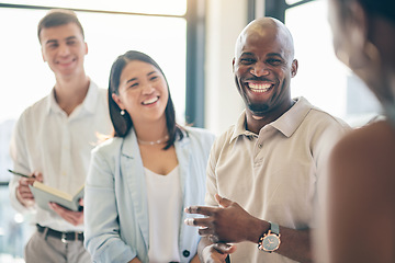 Image showing Happy, planning and diversity with business people in a meeting for a discussion while laughing. Corporate, office and employees together, speaking and a funny conversation at work with a smile