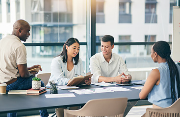 Image showing Review, teamwork or business people in meeting planning our vision, mission or strategy together. Collaboration, leadership or woman talking or speaking of ideas in startup agency with office notes