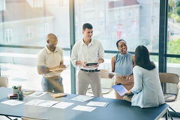 Image showing Talking, meeting and business people planning together for teamwork, project or company collaboration. Agenda, office and corporate employees speaking about brainstorming, ideas or our vision