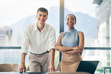 Image showing Teamwork, smile and portrait of business people in office for meeting, planning and professional. Collaboration, project management and solution with employees in agency for strategy, pride and idea