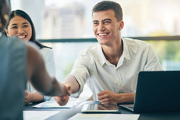 Image showing Business people, shaking hands and happy in interview, hiring or onboarding. Handshake, deal and group in b2b collaboration, partnership and success in negotiation for startup acquisition agreement