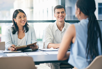 Image showing Meeting, recruitment or managers in job interview with businesswoman talking or listening in negotiation. Business people, smile or candidate speaking to happy hr management for hiring opportunity