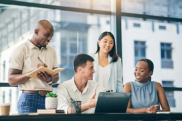 Image showing Teamwork, laptop and designer people coaching in office meeting, planning and brainstorming. Computer, collaboration and group training of employees in creative startup company, business and happy