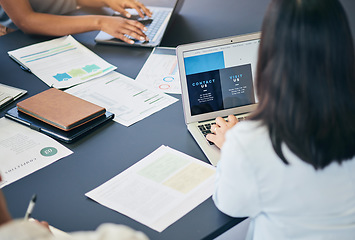 Image showing Meeting, hands of business people with laptop and coworking with paperwork, motivation and collaboration. Teamwork, b2b and women at office desk with computer, documents and brainstorming at workshop